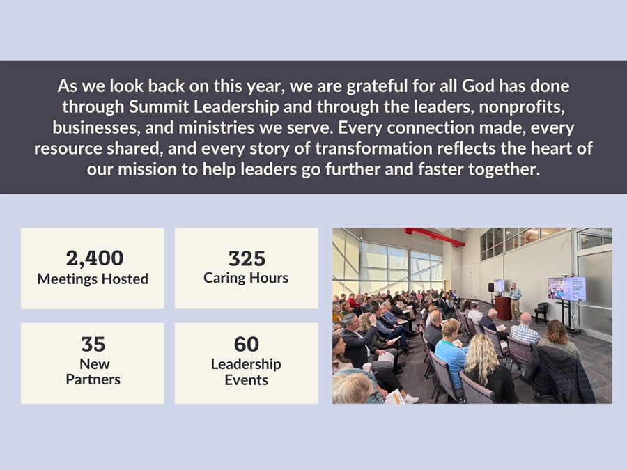 2025 Summit Leadership ministry highlights showing meetings hosted, caring hours provided, new partners welcomed, Summit-led leadership events held, partner stories, and ways to connect with Summit.